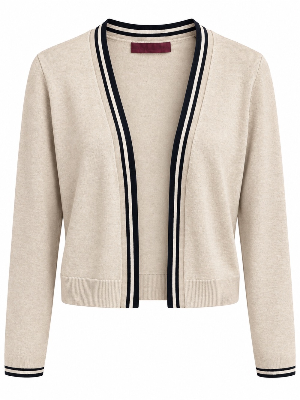 Light Gray Open-Front Cardigan with Navy Trim